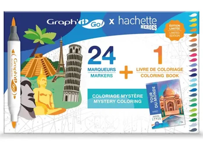 Graph'it go set de 24 marqueurs + livre Hachette - Tour du monde (Französische Version)