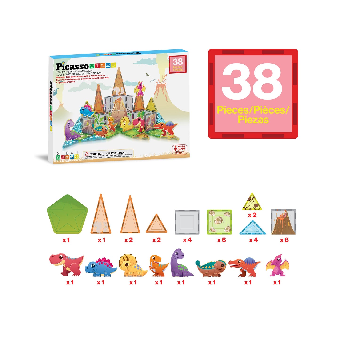 Ensemble d'aventure Dino World Magnetic Tiles - 38 pièces