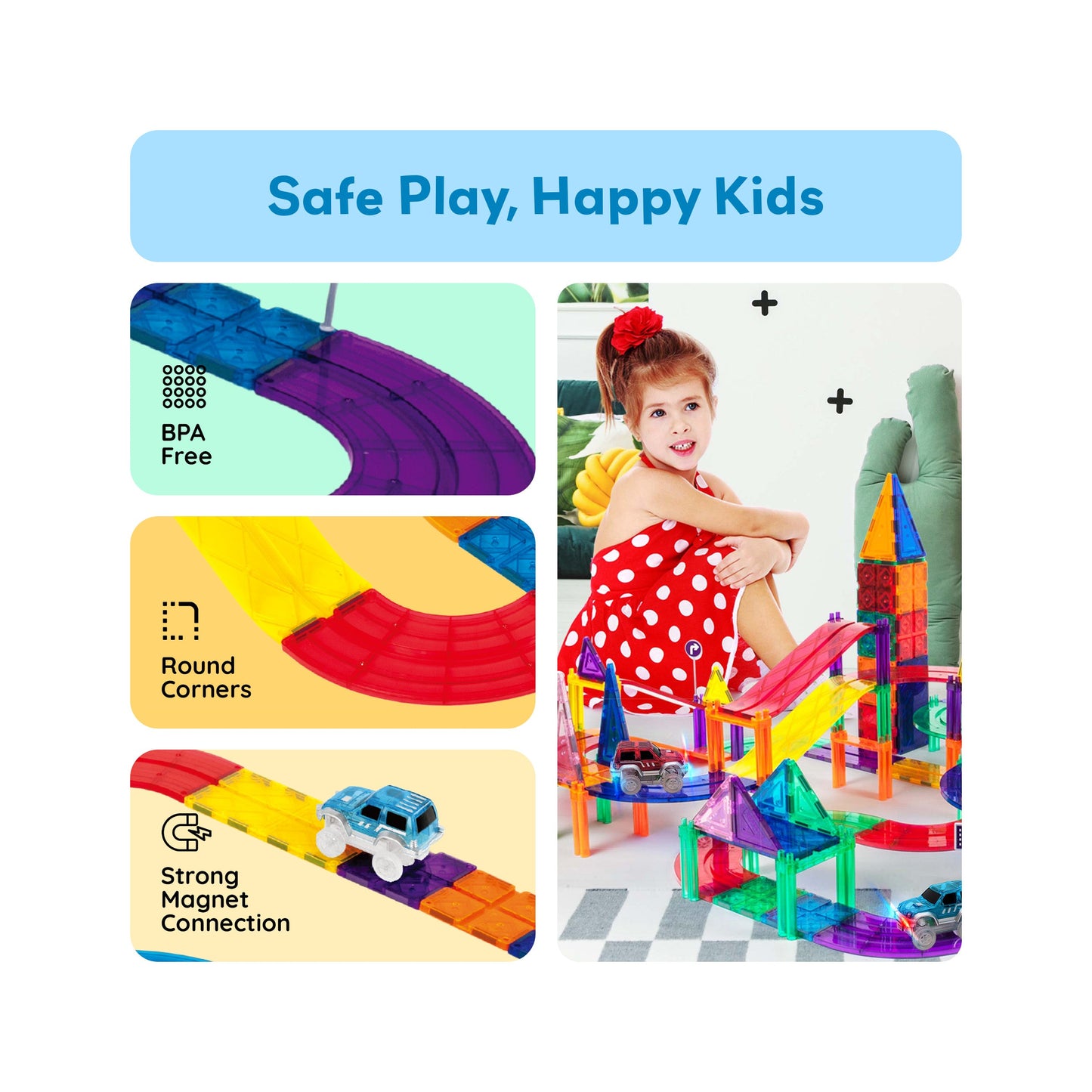 Ensemble de circuit automobile avec voitures LED et tuiles magnétiques PicassoTiles