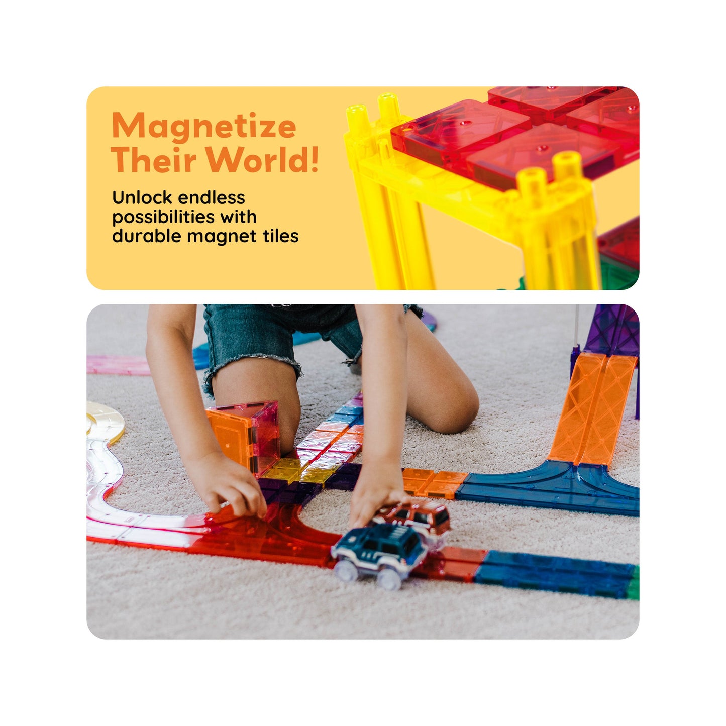 Ensemble de circuit automobile avec voitures LED et tuiles magnétiques PicassoTiles